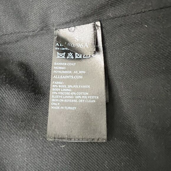 ALL SAINTS Banner Overcoat Coat Men S/36 Black Italian Cloth Wool Blend Classic - Picture 5 of 7